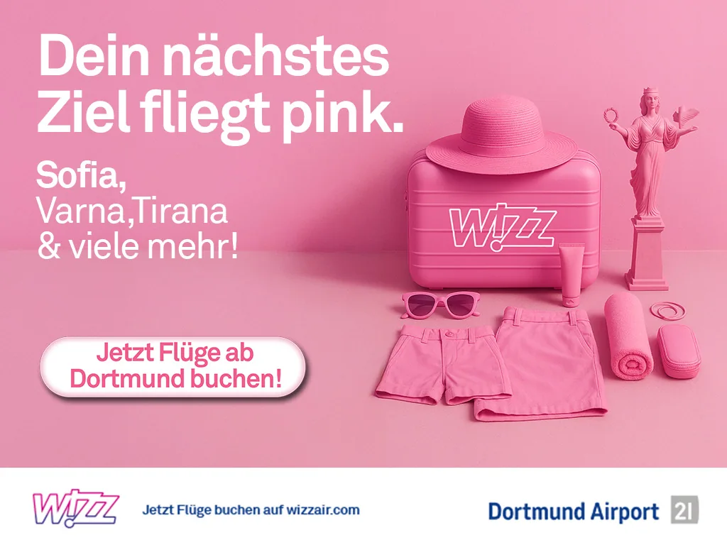Statische Vorlage: Plakatmotiv „Dein nächstes Ziel fliegt pink“